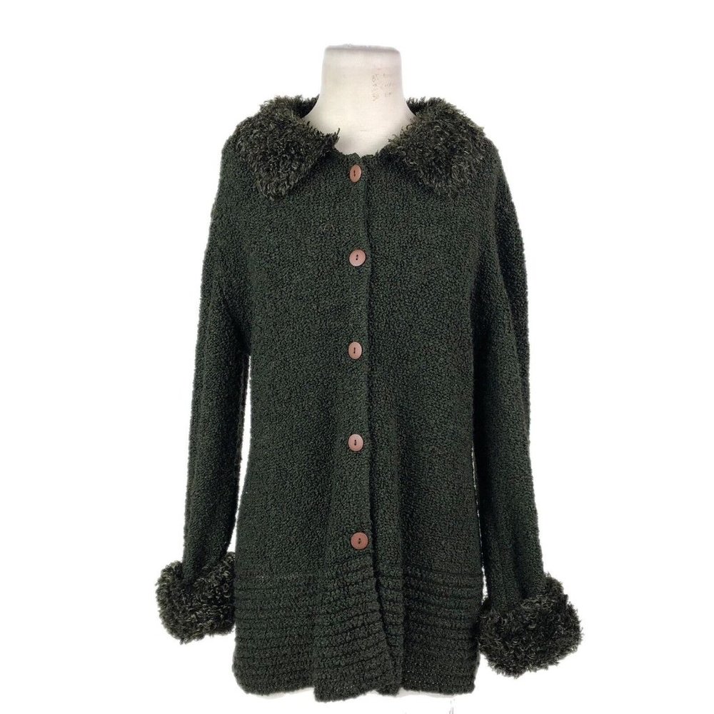 Side Effects Green Boucle Knit Cardigan Jacket Fluffy Collar Cuffs 80s Sz Large